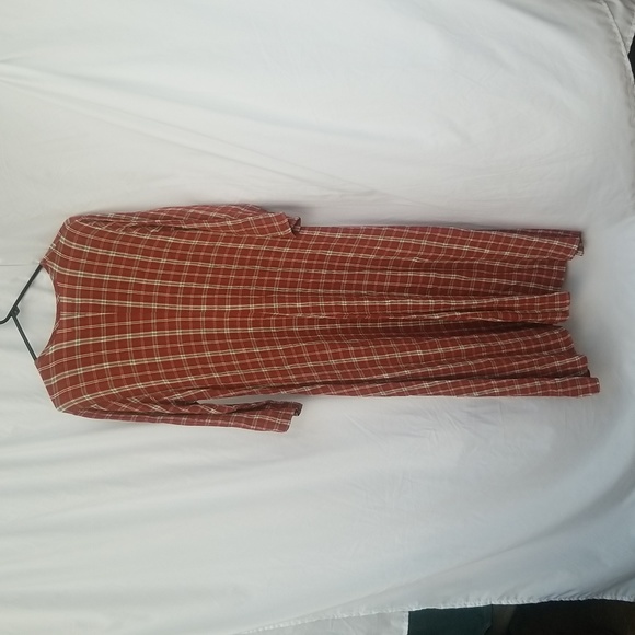 Flax L - women's rust/tan/peach/cream plaid 3/4 sleeve midi dress - Picture 2 of 5